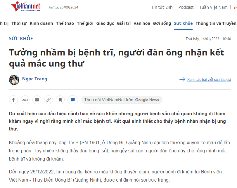 Trĩ nội chảy máu cảnh báo ung thư trực tràng hậu môn